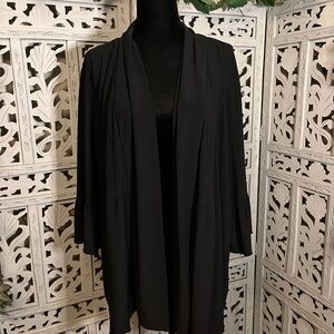 AVENUE POWER BLACK STRETCHY OPEN FRONT WITH RUFFLES LIGHTWEIGHT CARDIGAN WRAP